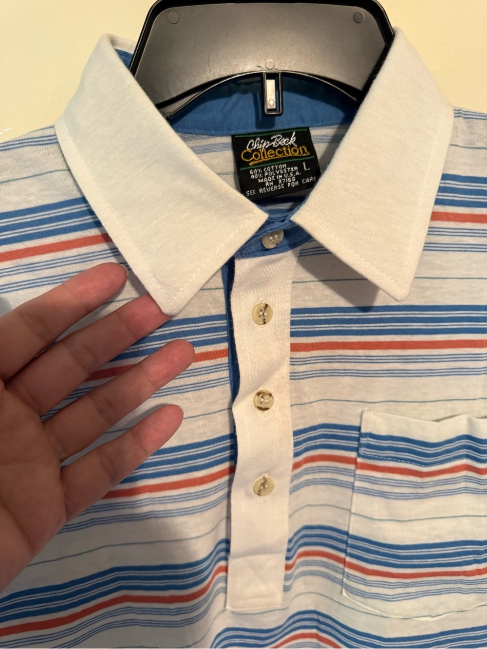 Men's Golf Polo Shirt - White w/ Blue & Orange Stripes - Chip Beck collection
